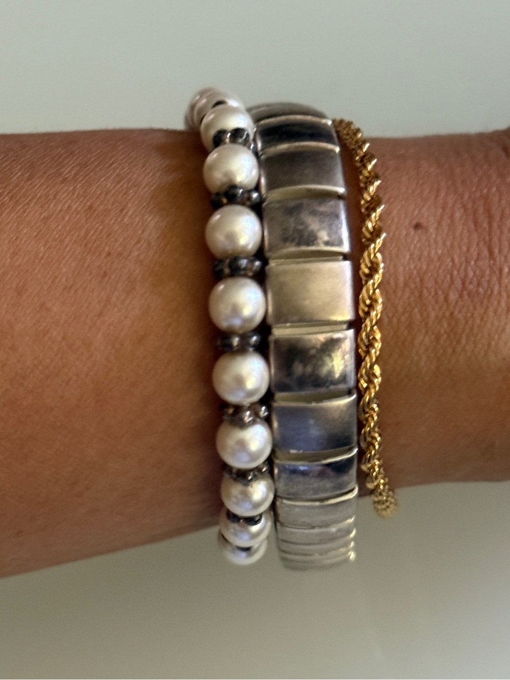 Napier Faux Pearl Silver Block Stretch Gold Rope Chain Statement Stack Bracelet